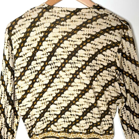 Isabella Bird Anthropologie Silk Cardigan Small Beige Black Geometric Tie Front - Picture 5 of 12